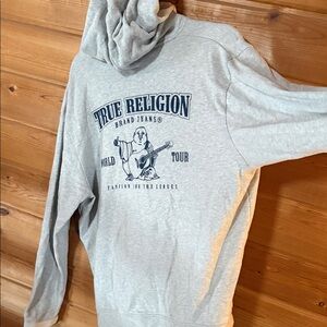 True Religion Light Gray Hoodie with Navy Graphic